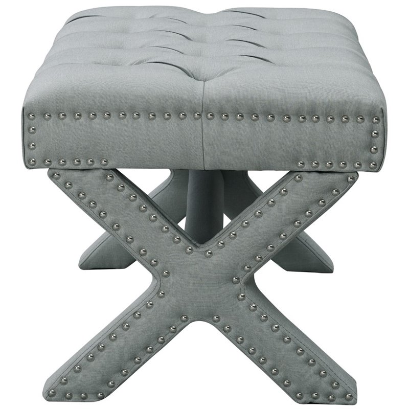 Maklaine Linen Fabric X-Base Ottoman with Nailhead Trim in Light Gray