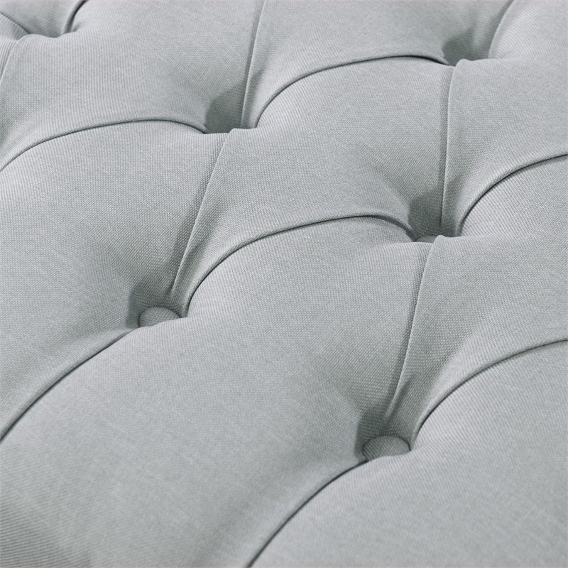 Maklaine Linen Fabric X-Base Ottoman with Nailhead Trim in Light Gray