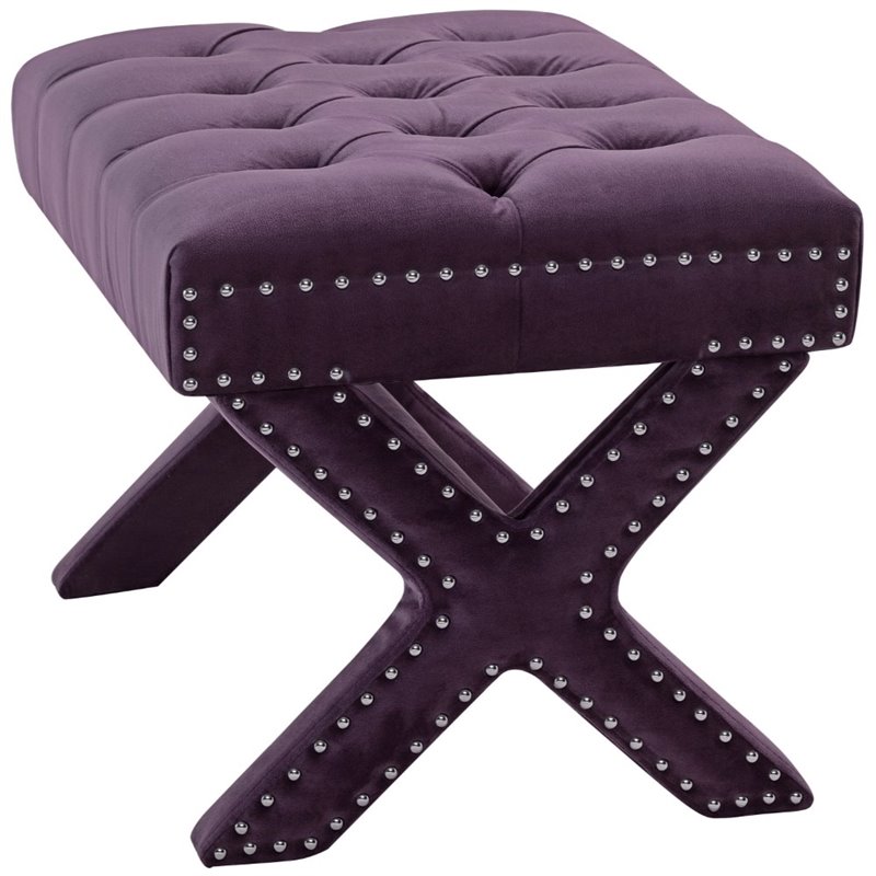Maklaine Velvet X-Base Ottoman with Nailhead Trim in Purple Finish