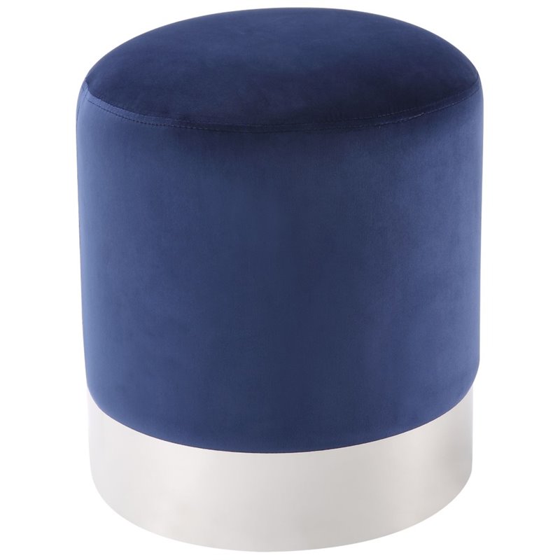Maklaine Velvet Round Ottoman with Metal Base in Blue/Chrome
