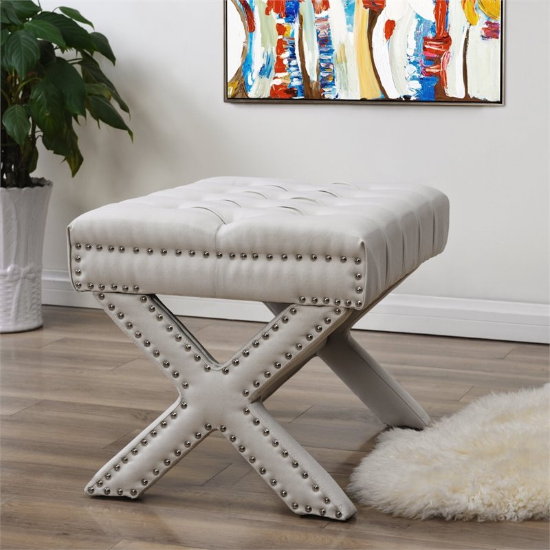 Maklaine Linen Fabric X-Base Ottoman with Nailhead Trim in Cream/White
