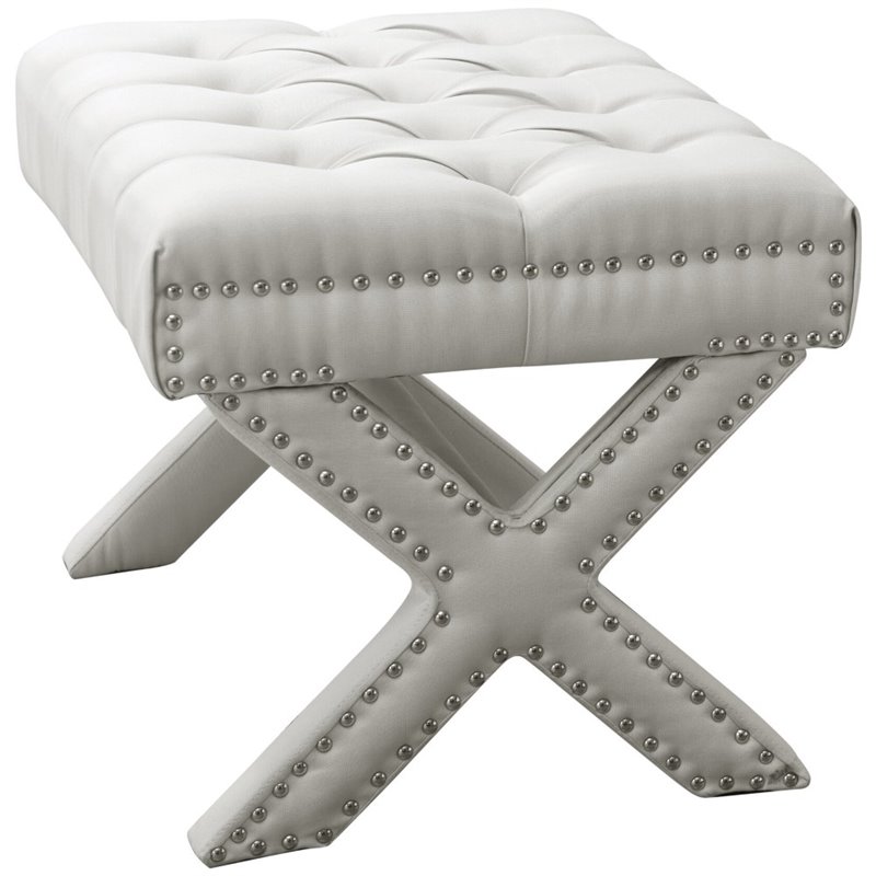 Maklaine Linen Fabric X-Base Ottoman with Nailhead Trim in Cream/White