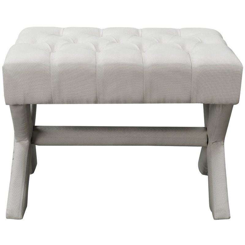 Maklaine Linen Fabric X-Base Ottoman with Nailhead Trim in Cream/White
