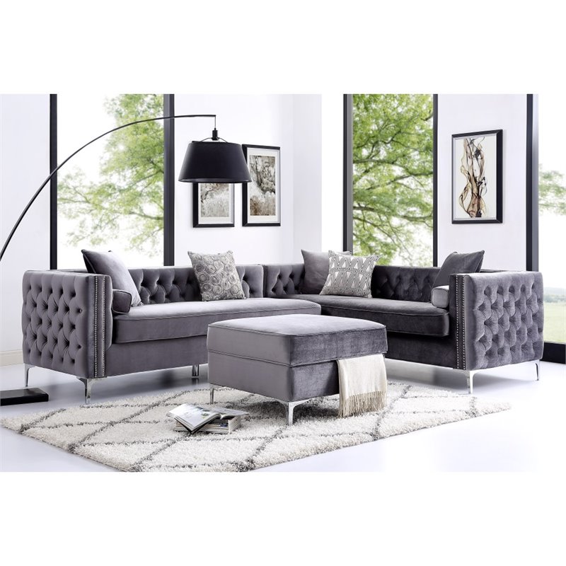 Maklaine Tufted Velvet Square Storage Ottoman with Chrome Legs in Gray