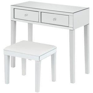 Maklaine 2-Drawer Mirrored Bedroom Vanity with Stool in White