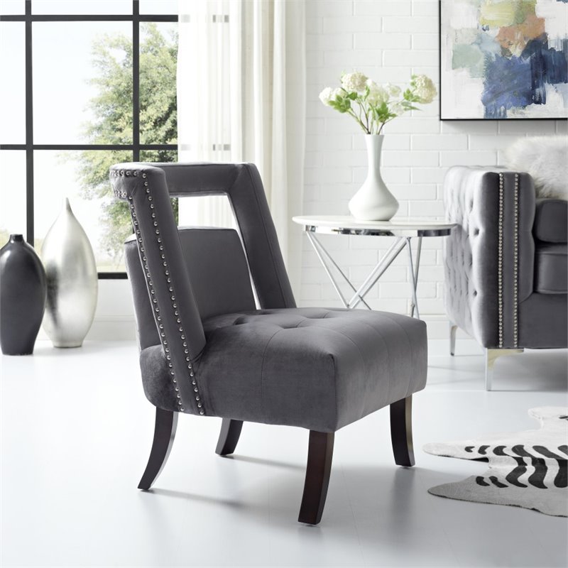 Maklaine Tufted Velvet Accent Chair with Nailhead Trim in Gray