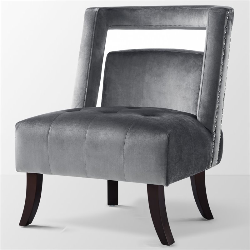 Maklaine Tufted Velvet Accent Chair with Nailhead Trim in Gray