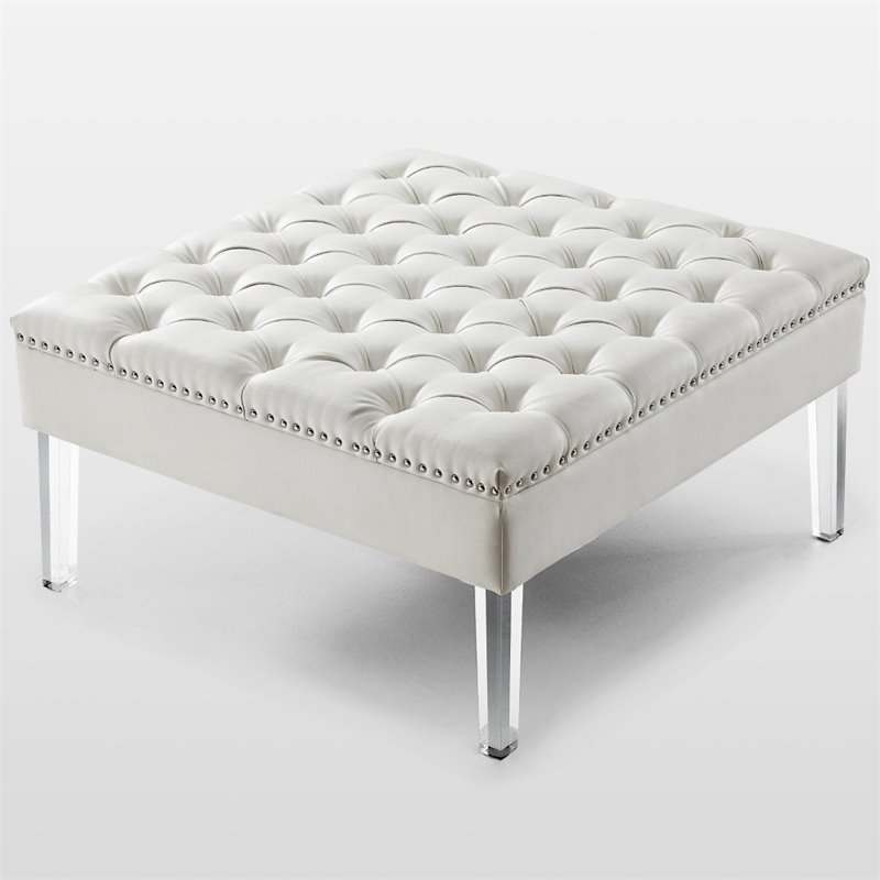 Maklaine Tufted Faux Leather Oversized Ottoman with Acrylic Legs in White