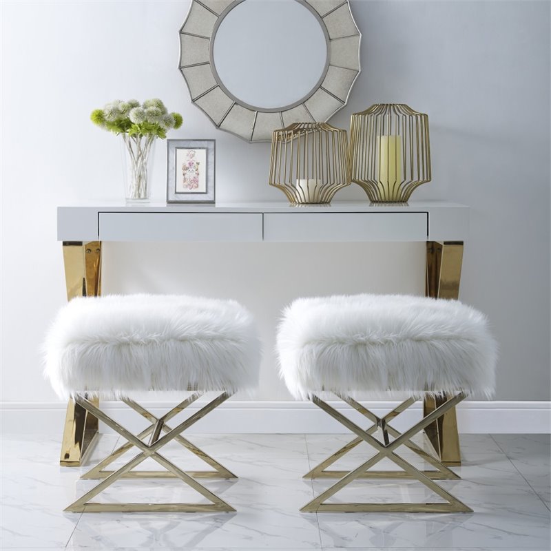 Maklaine Faux Fur Fabric Ottoman with Stainless Steel X-Legs in White/Gold