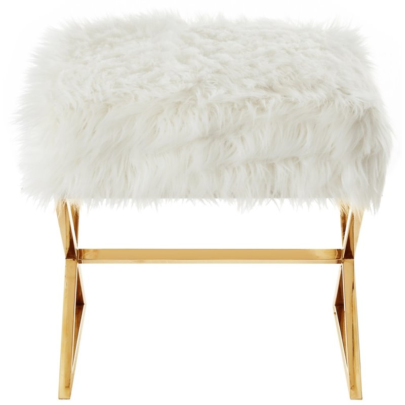 Maklaine Faux Fur Fabric Ottoman with Stainless Steel X-Legs in White/Gold