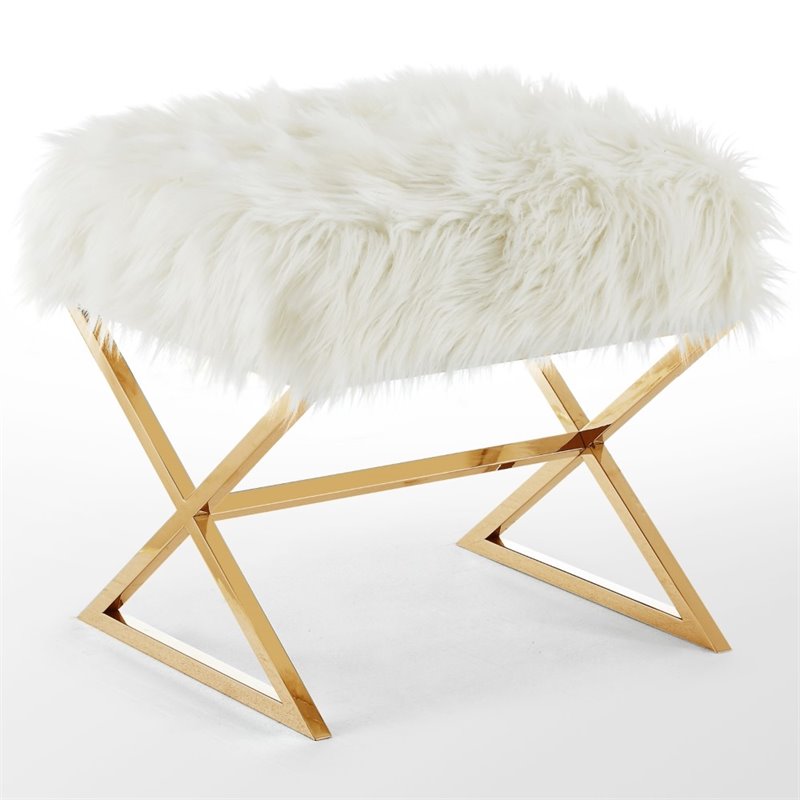 Maklaine Faux Fur Fabric Ottoman with Stainless Steel X-Legs in White/Gold