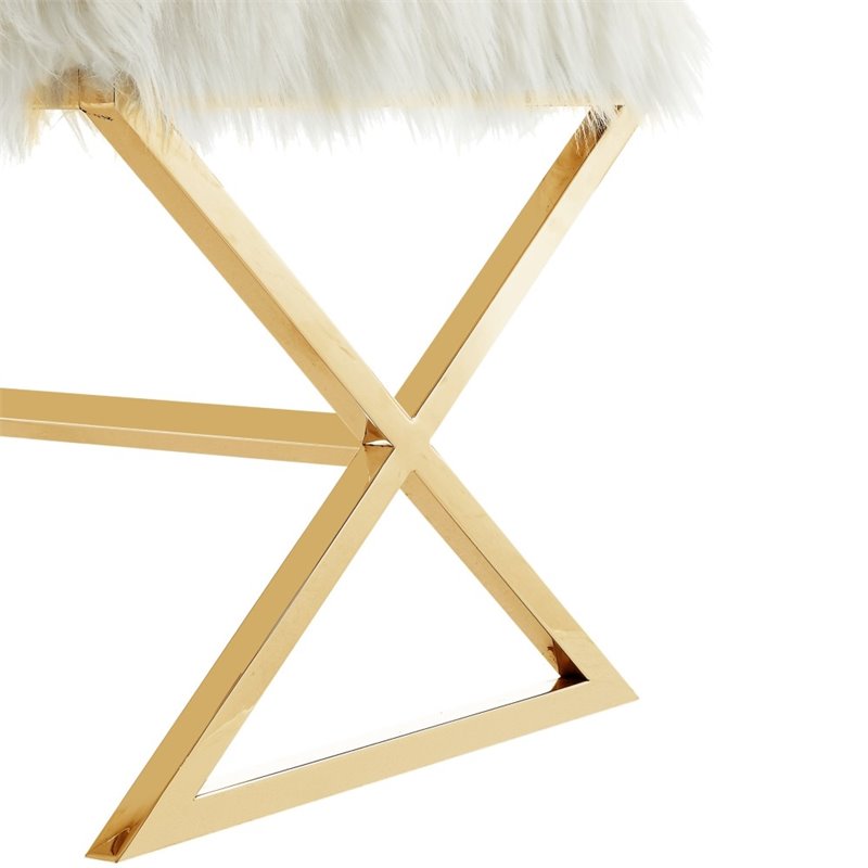Maklaine Faux Fur Fabric Ottoman with Stainless Steel X-Legs in White/Gold
