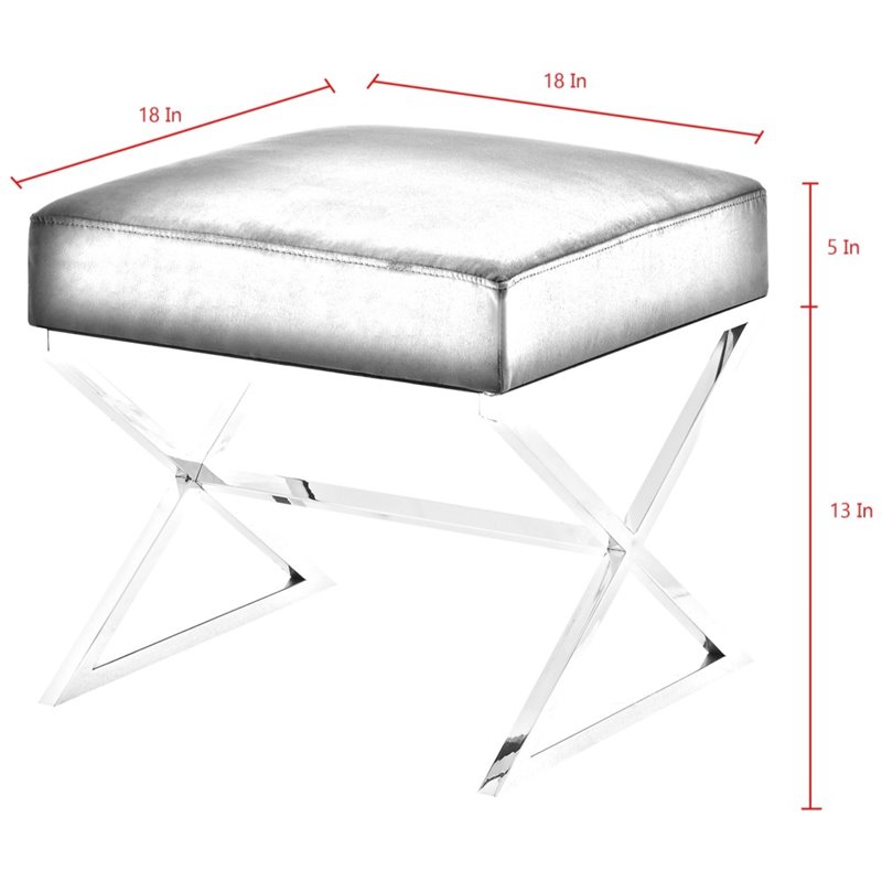 Maklaine Faux Fur Fabric Ottoman with Stainless Steel X-Legs in White/Gold