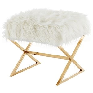 Maklaine Faux Fur Fabric Ottoman with Stainless Steel X-Legs in White/Gold