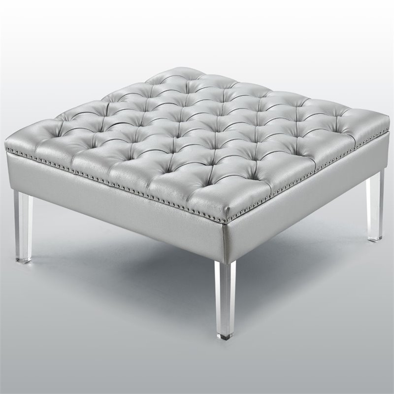 Maklaine Tufted Faux Leather Oversized Ottoman with Acrylic Legs in Silver