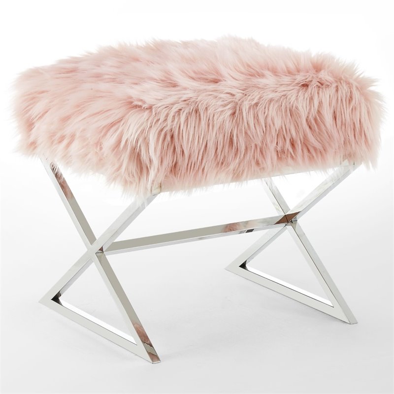 Maklaine Faux Fur Fabric Ottoman with Stainless Steel X-Legs in Rose/Chrome