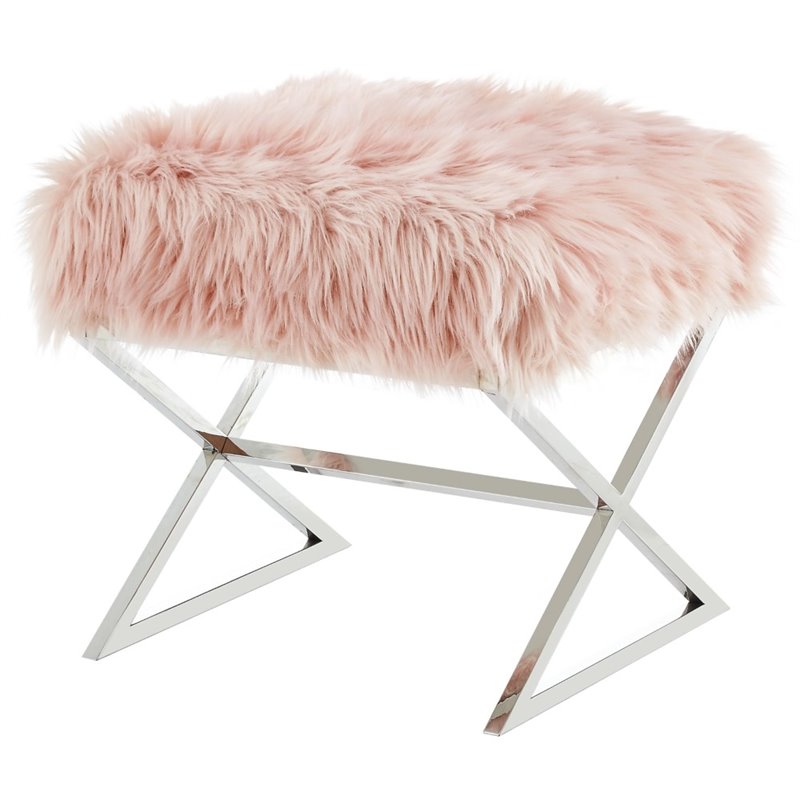 Maklaine Faux Fur Fabric Ottoman with Stainless Steel X-Legs in Rose/Chrome