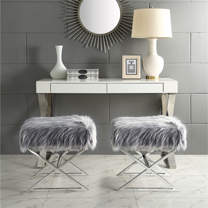 Maklaine Faux Fur Fabric Ottoman with Stainless Steel X-Legs in Gray/Chrome
