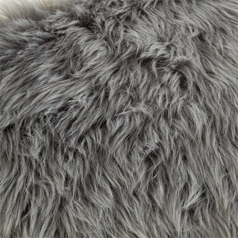 Maklaine Faux Fur Fabric Ottoman with Stainless Steel X-Legs in Gray/Chrome