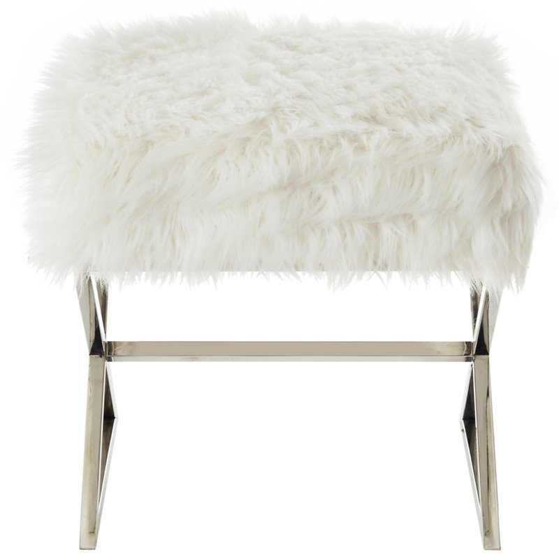 Maklaine Faux Fur Fabric Ottoman with Stainless Steel X-Legs in White/Chrome