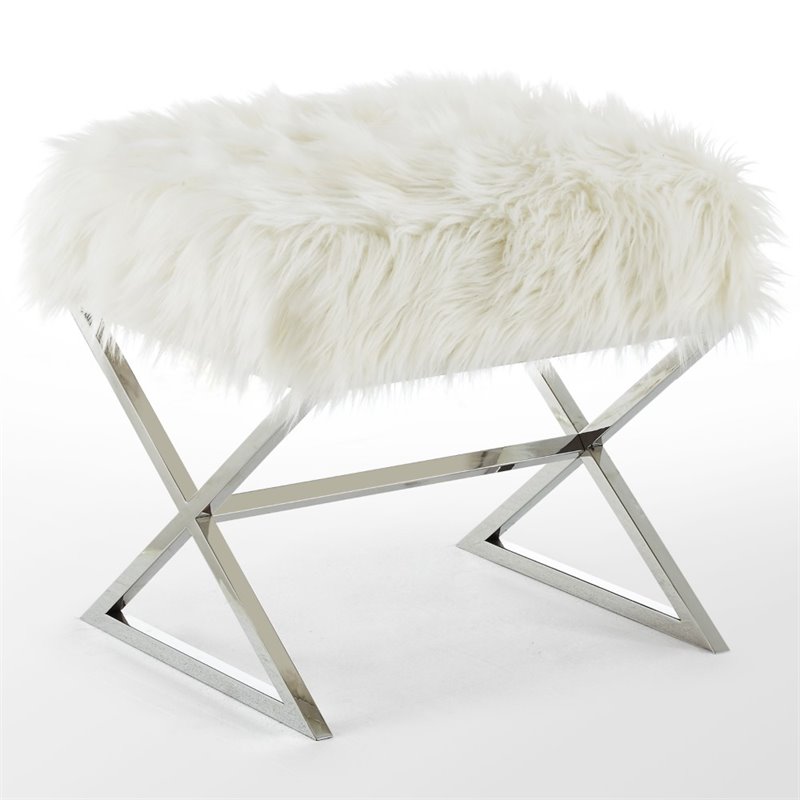 Maklaine Faux Fur Fabric Ottoman with Stainless Steel X-Legs in White/Chrome