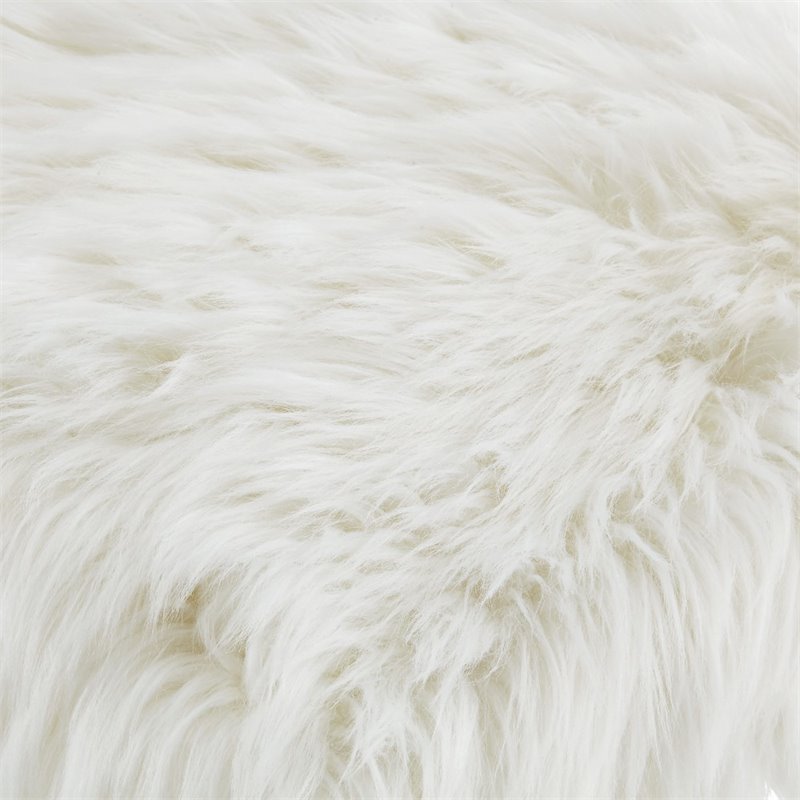 Maklaine Faux Fur Fabric Ottoman with Stainless Steel X-Legs in White/Chrome