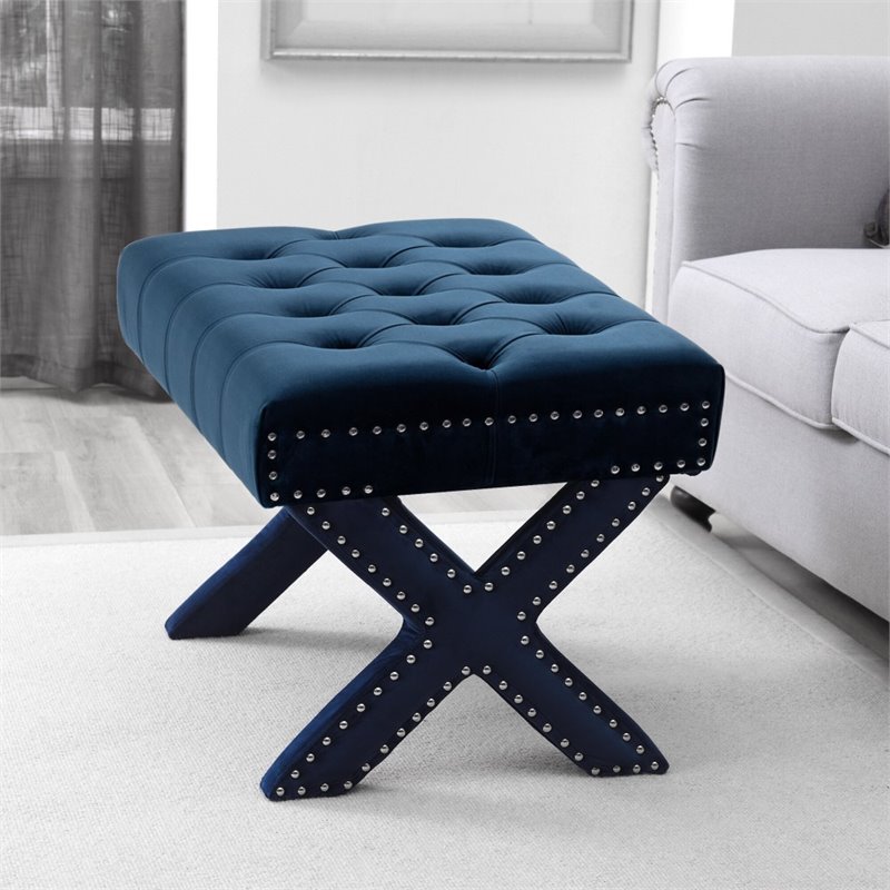 Maklaine Velvet X-Base Ottoman with Nailhead Trim in Navy Blue