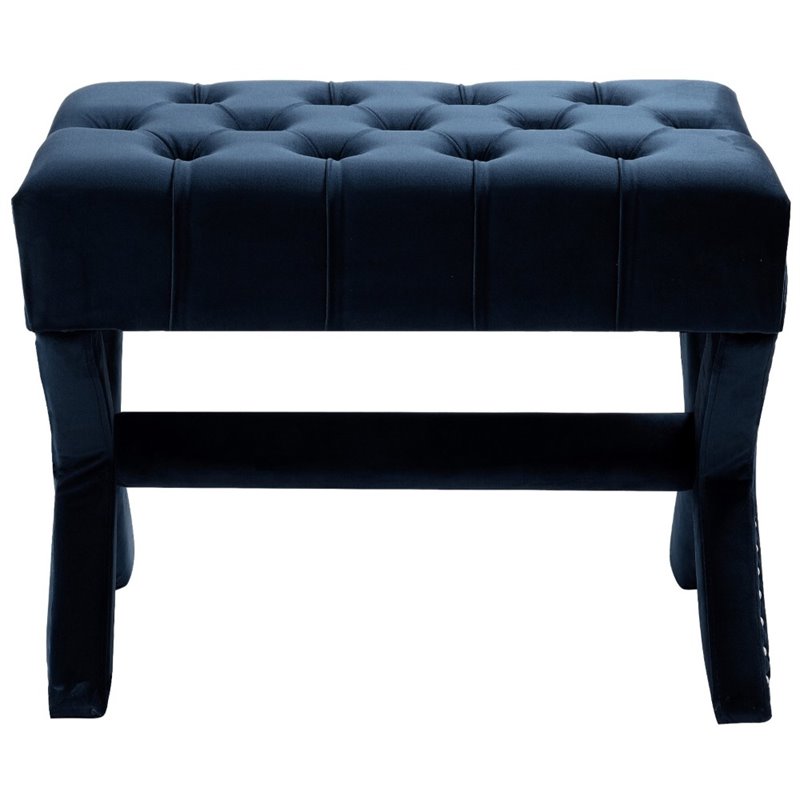 Maklaine Velvet X-Base Ottoman with Nailhead Trim in Navy Blue