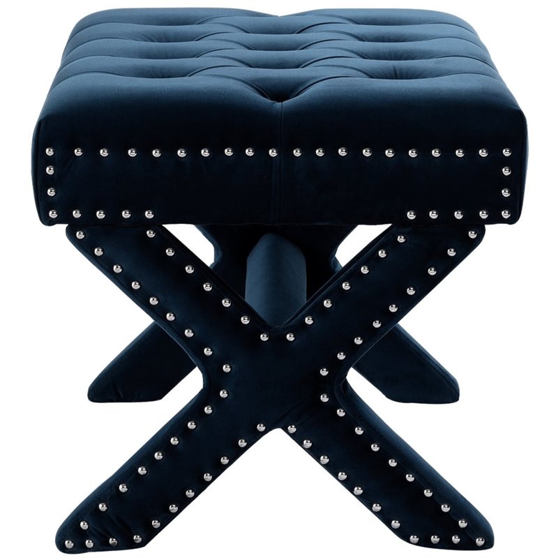 Maklaine Velvet X-Base Ottoman with Nailhead Trim in Navy Blue