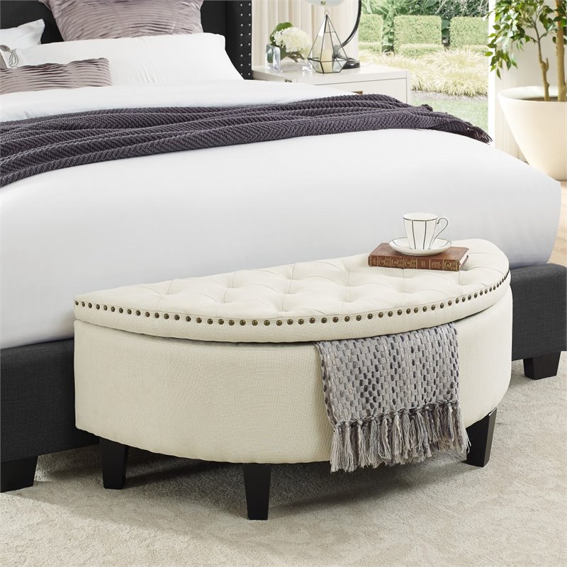 Maklaine Linen Fabric Half Moon Storage Ottoman in Cream/White
