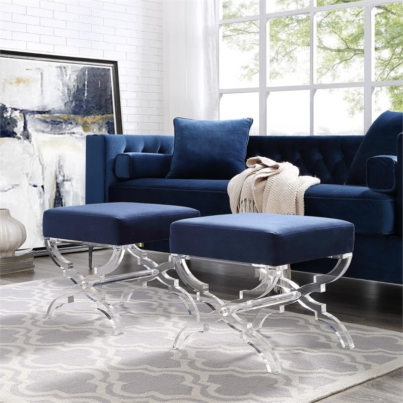 Maklaine Velvet Upholstered Ottoman with Acrylic X-Legs in Navy