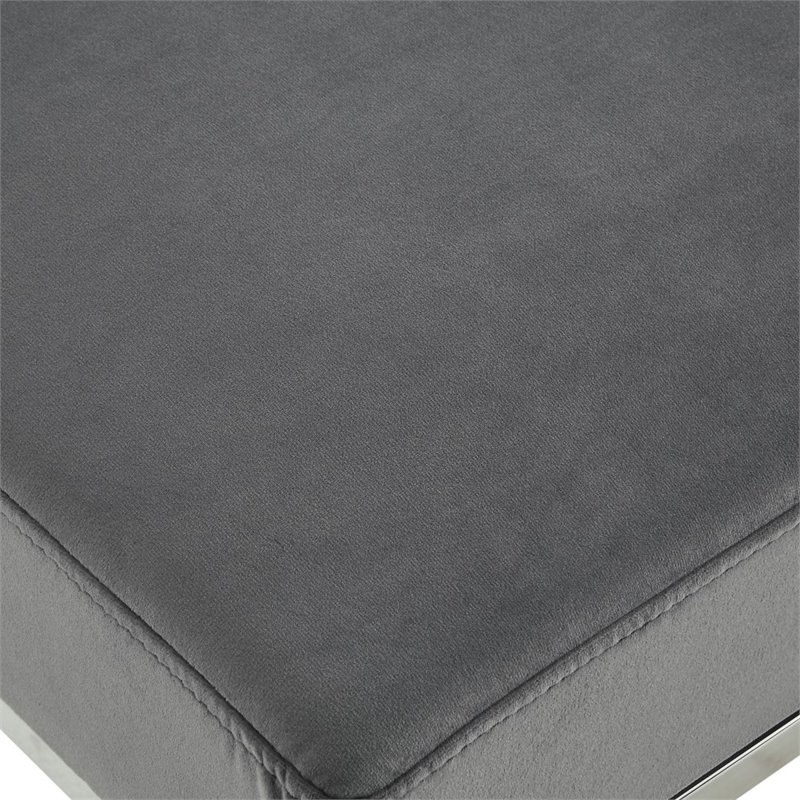 Maklaine Velvet and Stainless Steel Base Ottoman in Gray/Chrome