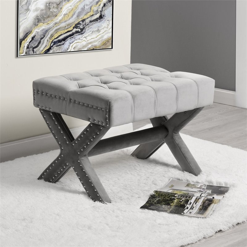 Maklaine Velvet X-Base Ottoman with Nailhead Trim in Light Gray