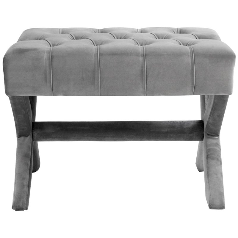 Maklaine Velvet X-Base Ottoman with Nailhead Trim in Light Gray