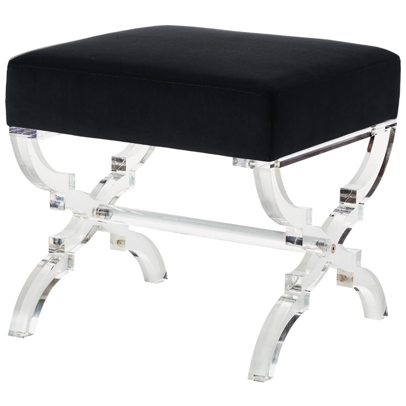 Maklaine Velvet Upholstered Ottoman with Acrylic X-Legs in Black