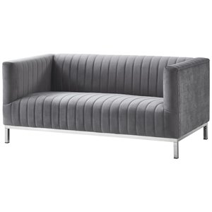Maklaine Velvet Tuxedo Loveseat with Y-Metal Base in Gray/Chrome