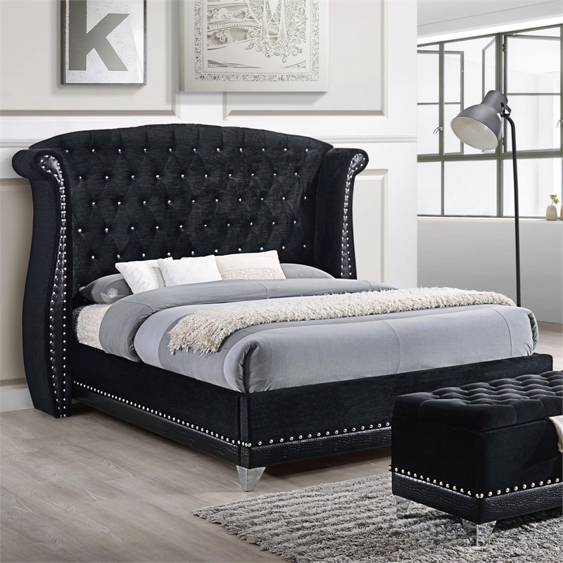 Maklaine Eastern King Contemporary Tufted Velvet Upholstered Bed Black