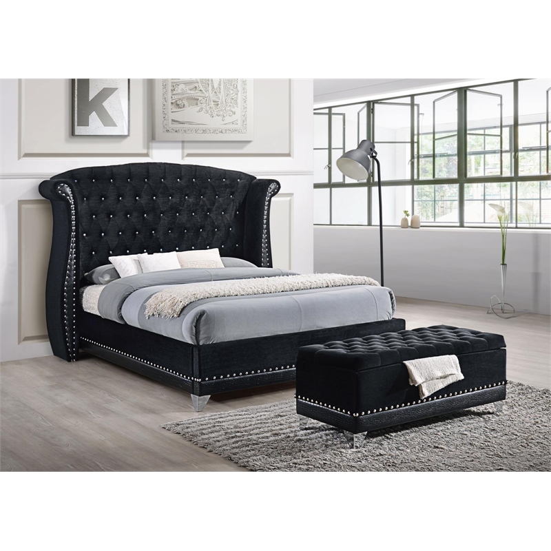 Maklaine Eastern King Contemporary Tufted Velvet Upholstered Bed Black