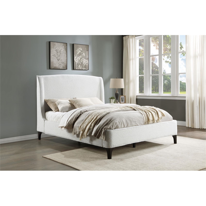 Maklaine Fabric Upholstered Curved Headboard Queen Bed in White
