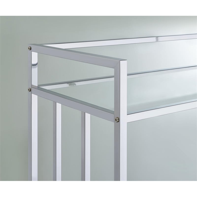 Maklaine Contemporary Rectangular Glass Bar Cart in Chrome and Clear