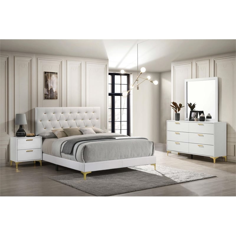 Maklaine Asian Hardwood White Queen Bedroom Set Diamond Tufted Contemporary Upholstered Unassembled