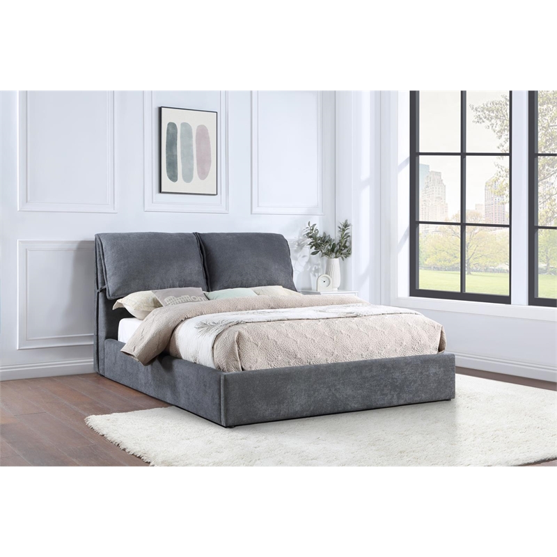 Maklaine Fabric Upholstered Pillow Headboard Eastern King Bed in Gray