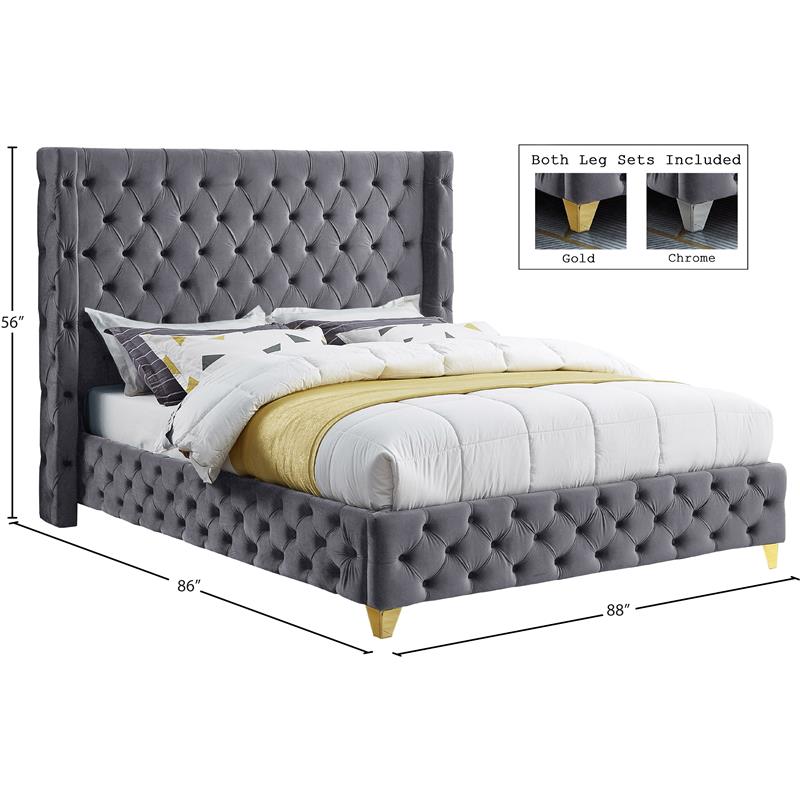 Maklaine Modern Fabric 56''H x 88''W x 86''D Gray Velvet King Bed