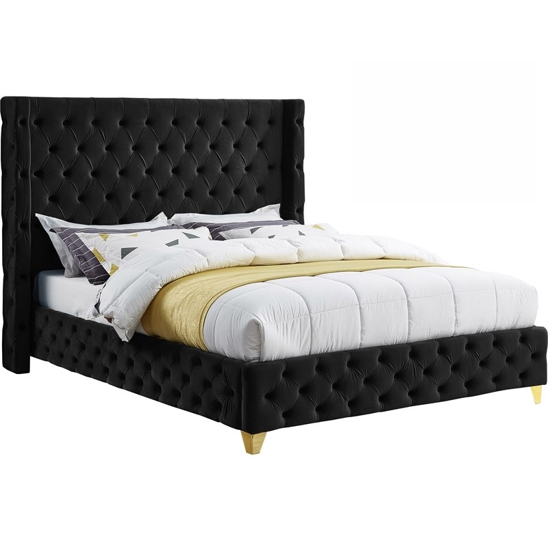Maklaine Modern Fabric 56''H x 88''W x 86''D Black Velvet King Bed