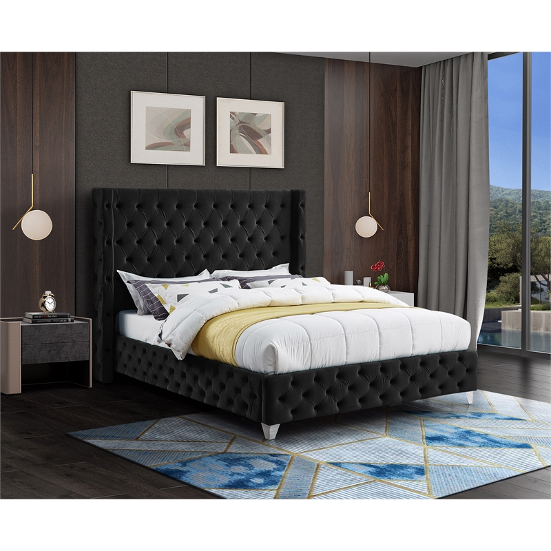 Maklaine Modern Fabric 56''H x 88''W x 86''D Black Velvet King Bed
