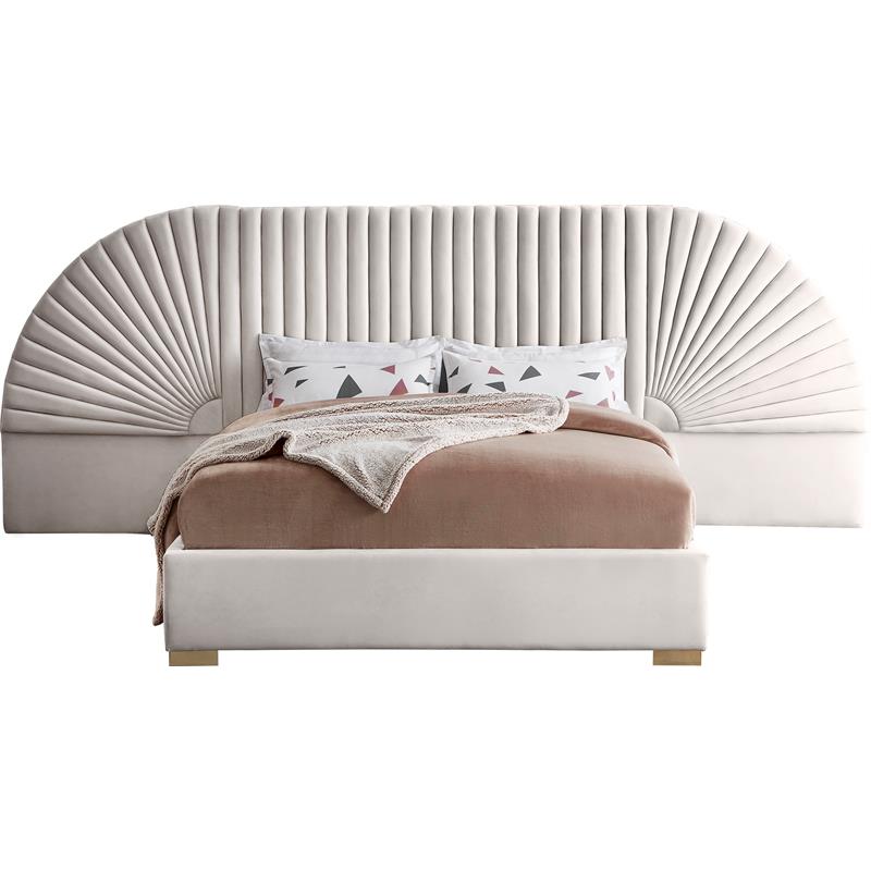 Maklaine Modern Fabric 55.5''H x 162''W x 86.5''D Cream Velvet King Bed
