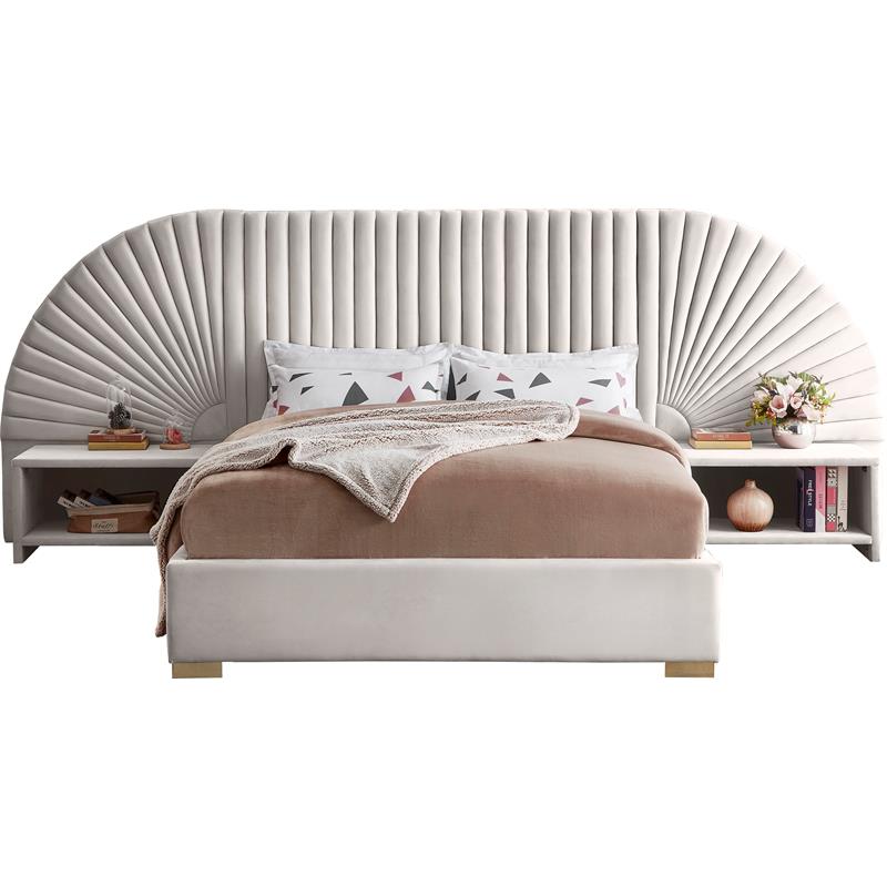 Maklaine Modern Fabric 55.5''H x 146''W x 86.5''D Cream Velvet Queen Bed