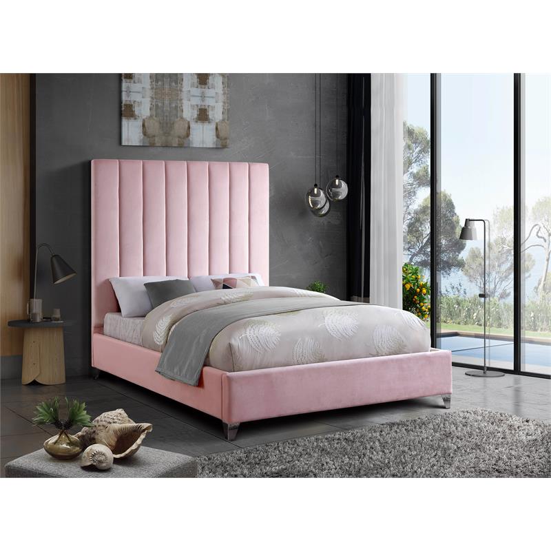 Maklaine Modern Fabric 70.5''H x 60''W x 81''D Rich Velvet Full Bed in Pink