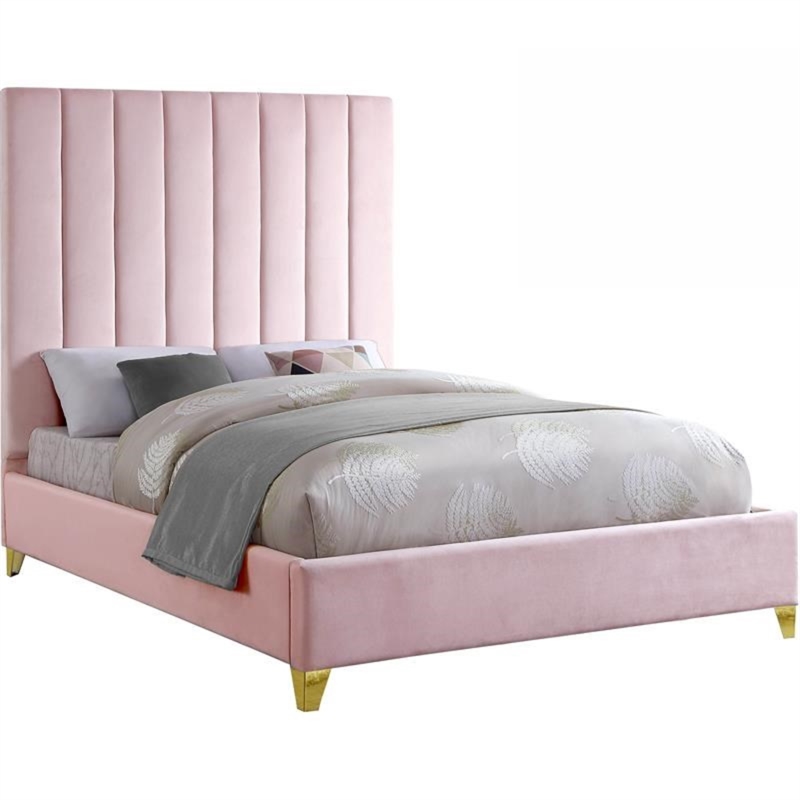 Maklaine Modern Fabric 70.5''H x 60''W x 81''D Rich Velvet Full Bed in Pink