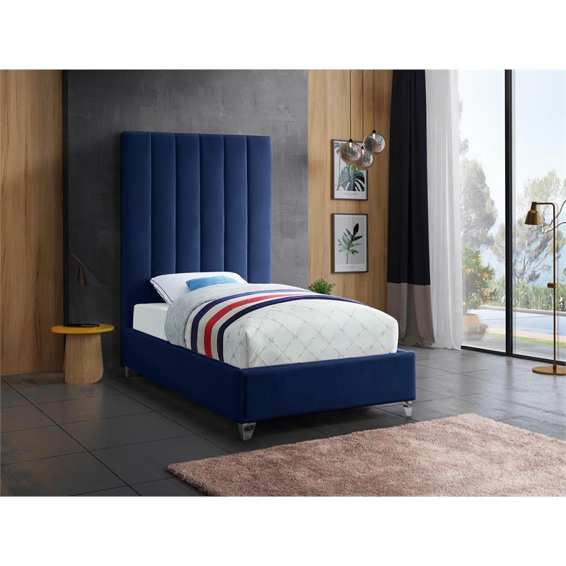 Maklaine Modern Fabric 70.5''H x 44.5''W x 81''D Rich Velvet Twin Bed in Navy